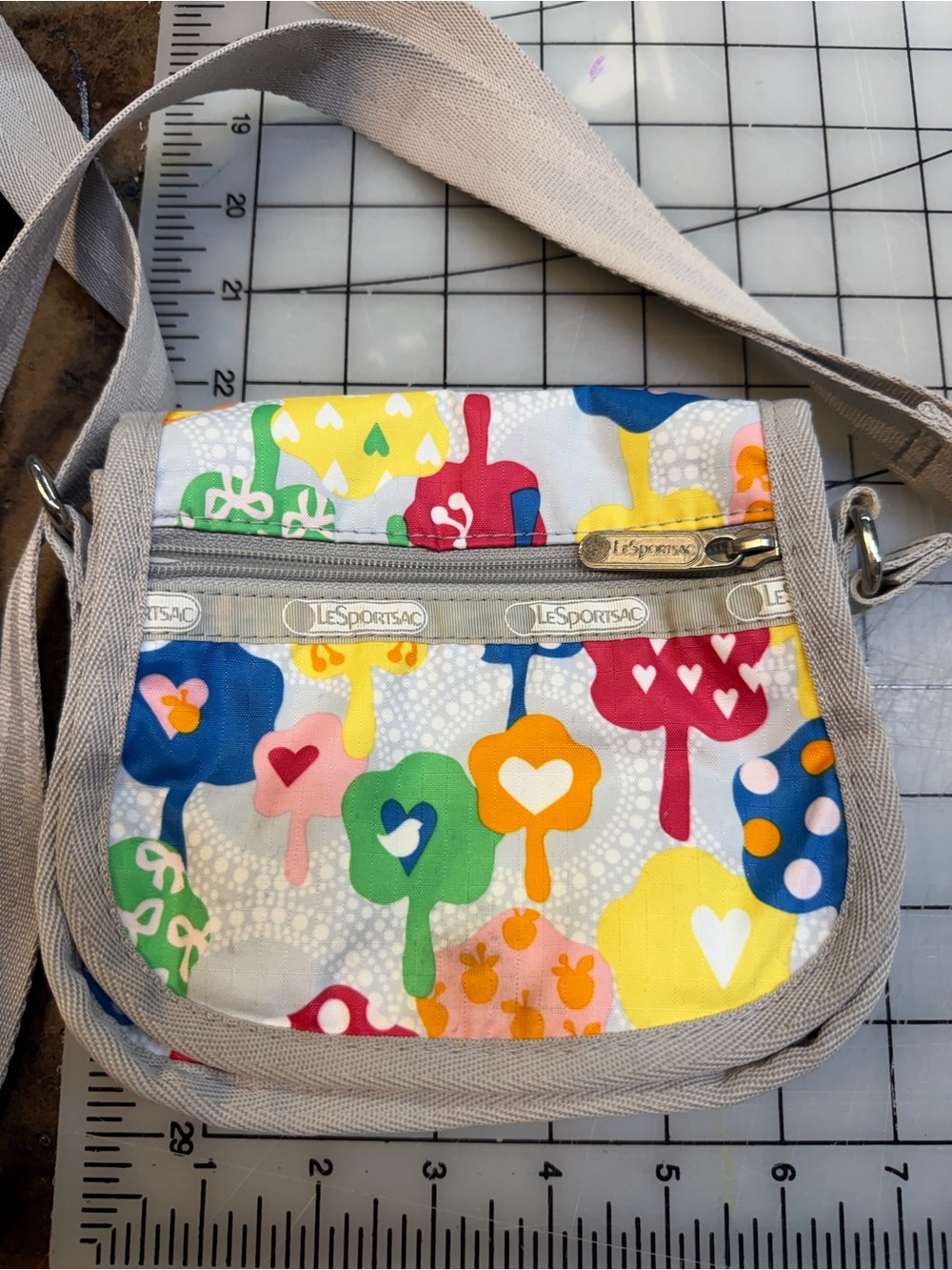 Lesportsac Gray Crossbody Bag with Multicolor Heart Tree Print